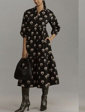 Maeve Bettina Tiered Shirt Dress Black Floral Pink Print 3/4 Sleeve SIZE M NWOT